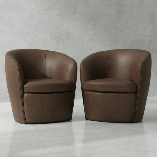 Living Barolo - Vintage Brown 100% Italian Leather Swivel Club Chair Two Pack