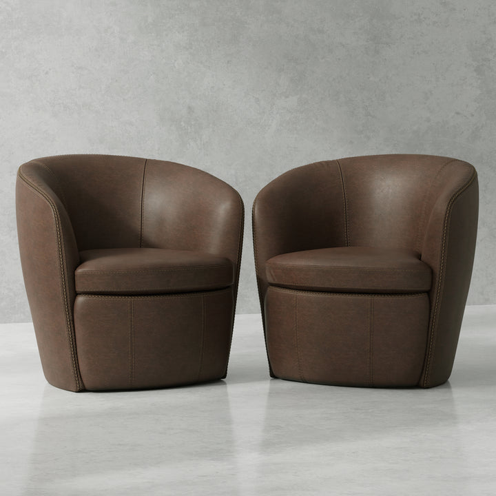 Living Barolo - Vintage Brown 100% Italian Leather Swivel Club Chair Two Pack