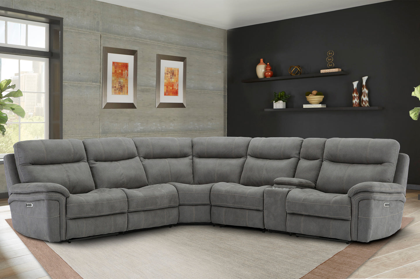 Living Mason - Carbon 6 Piece Modular Power Reclining Sectional with Power Adjustable Headrests