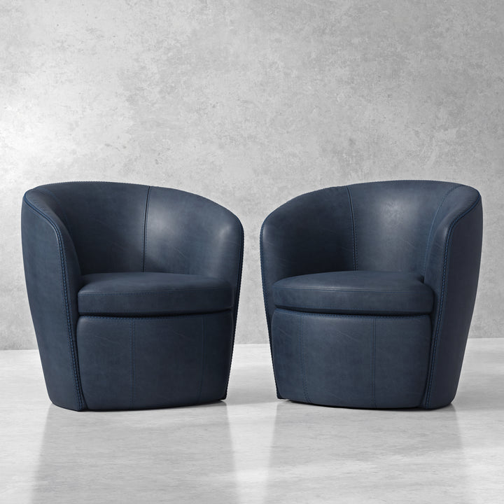 Living Barolo - Vintage Navy 100% Italian Leather Swivel Club Chair Two Pack