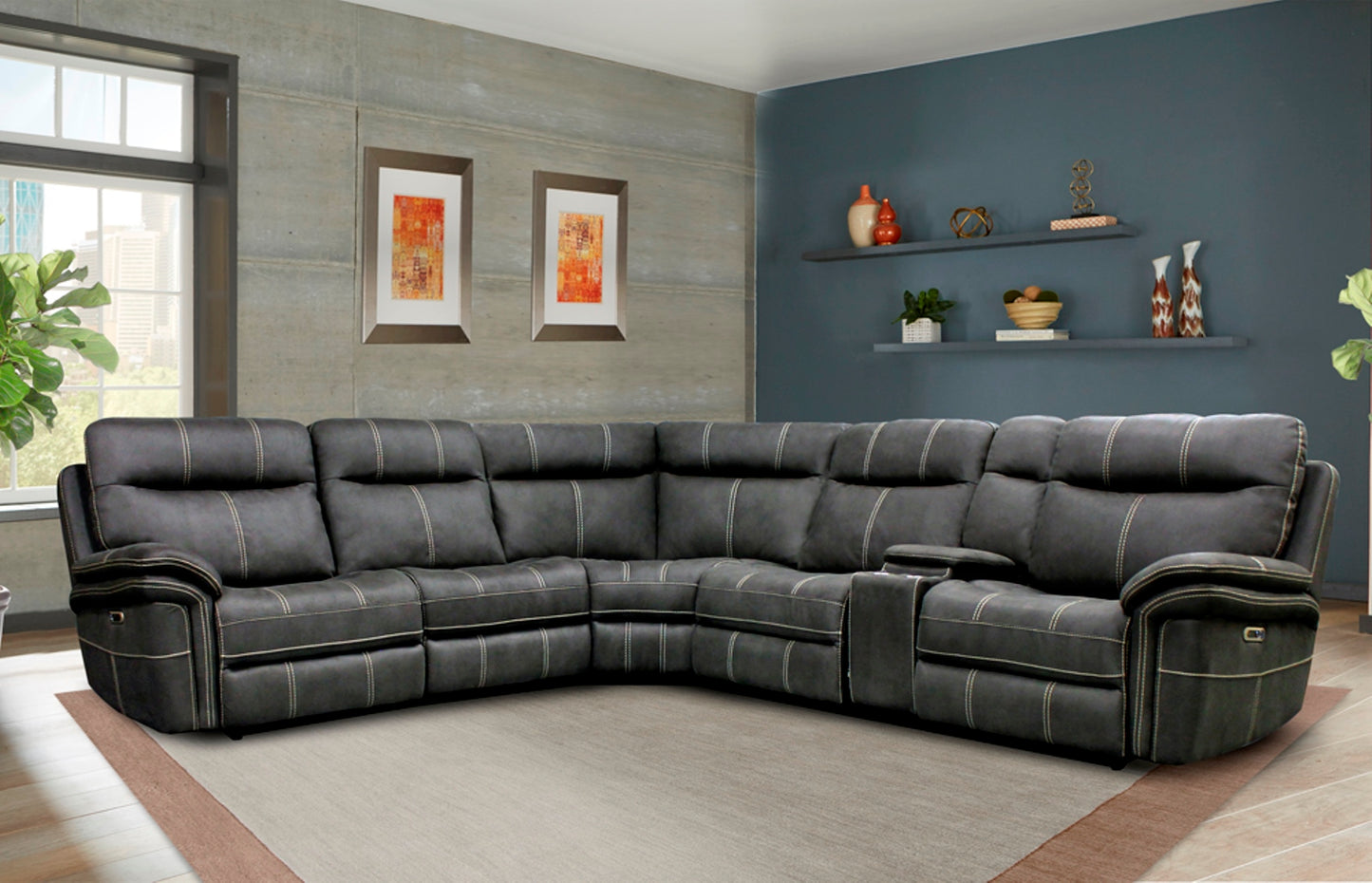 Living Mason - Charcoal 6 Piece Modular Power Reclining Sectional with Power Adjustable Headrests